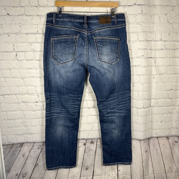BKE Jeans Mens 36S Nolan Straight Leg Whiskered Stretch Buckle Thick Stitching - Picture 7 of 12